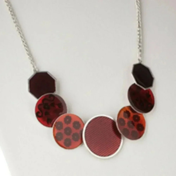 Vintage 90s Silver and Red Enamel Geometric Circles and Octagons Necklace - Picture 1 of 2